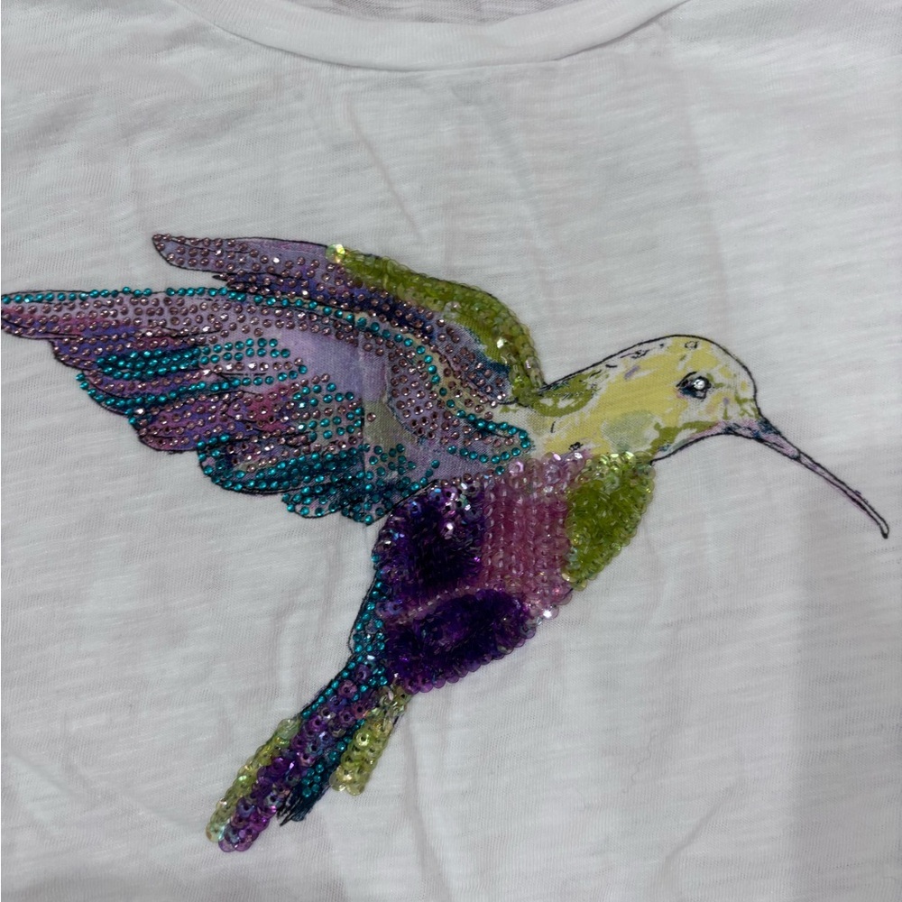 Krazy Kat White T-Shirt with Sequin Hummingbird L - Picture 2 of 5